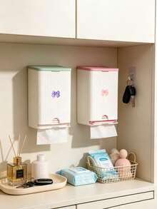 Cute Bow Wall-Mounted Tissue Box, Bathroom Sanitary Napkin Storage Box, Vertical Striped Textured Shell, No-Drill Adhesive Wall Installation. Smooth Dispensing Opening, Can Hold Face Towels And Tissues, Flip-Top Design For Easy Refill. White And Pink Contrast Color Girly Style, Suitable For Bathroom Vanity, Frees Up Countertop Space, Practical Home Storage For Face Towels And Tissues. - Multicolor - View 9