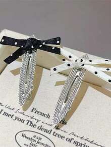 2PCS Polka Dot Bow Hair Clips For Women, Side Clips, Bangs Clips, Hair Accessories, Fashionable, Elegant, Versatile, Suitable For Matching Various Outfits, Daily Wear, Holiday Events, Party Gatherings, Evening Dinners, And As A Gift Hair Accessory For Girls - Black and White - View 2