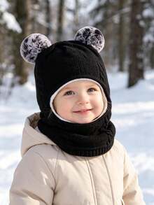 Autumn/Winter Kids Pullover Hat With Double Pom Poms, Ear Flaps, Solid Color Cute Knitted Woolen One-Piece Hat For Baby Boys And Girls - Multicolor - View 3