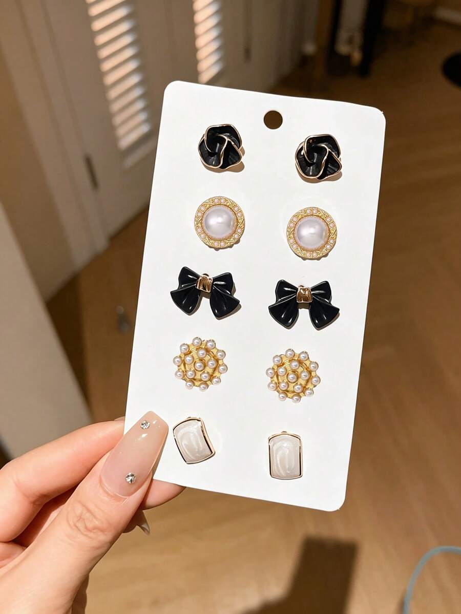 5 Pairs Gold-Rimmed Multi-Design Earrings Set, Black Floral Bow And Faux Pearl Decor, Women's Daily Wear - Multicolor - View 1