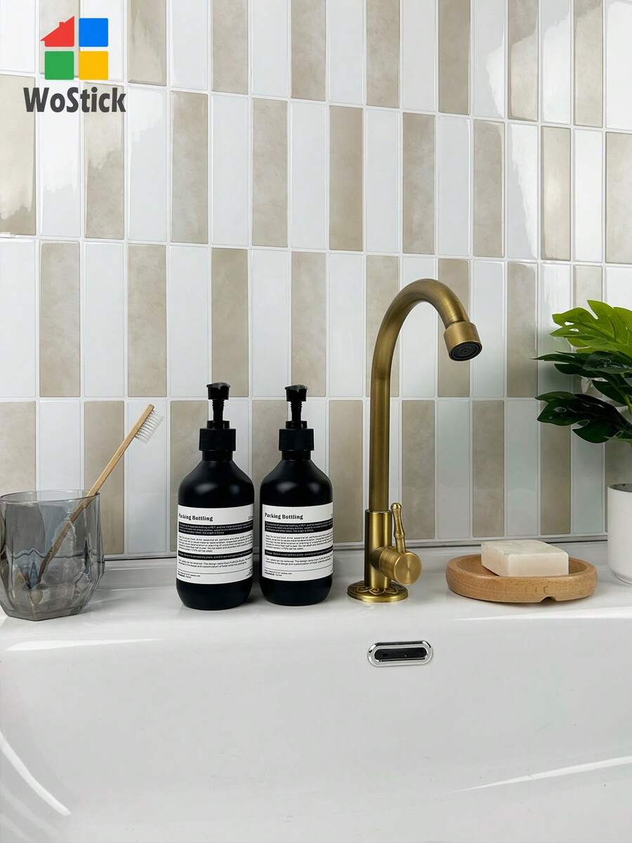 WoStick 1/10/20pcs Beige Self-Adhesive Subway Tile Wall Stickers, 3D Glossy Self-Adhesive Tile Stickers, Easy To Clean Kitchen Bathroom Home Renovation Wall Decals