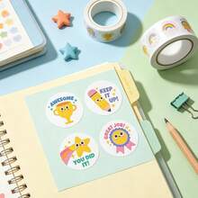 500pcs/Roll School Student Cartoon Reward Stickers, 1 Inch Round 4 Patterns, Gift Box Packaging, Children Reward Stickers, Scrapbook Stickers DIY Decoration, PVC Self-Adhesive Label Stickers - Multicolor - View 3