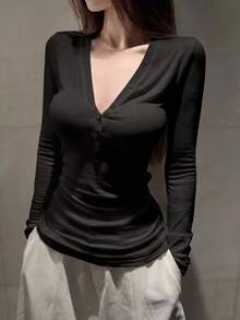 Women's Slim Fit Fitted Breathable Soft Long Sleeve Top, Autumn/Winter - Black - View 2