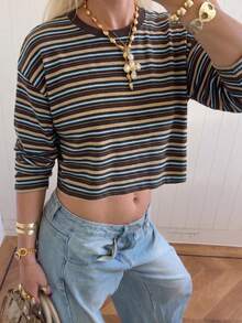 Women's Basic Knit Striped Long Sleeve Cropped T-Shirt, Autumn Outfit, Autumn Top, Commute Fashion Styling. - Coffee Brown - View 7
