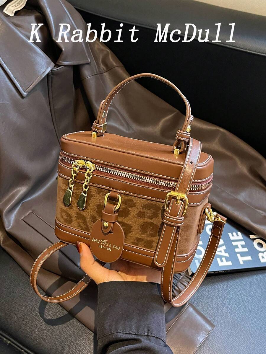 New Vintage Fashion Leopard Print PU Box-Shaped Handbag With Luxurious Gold-Embossed Letters-Women's Shoulder Bag And Wallet