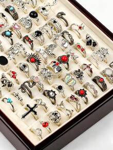 15/25Pcs/Lot Vintage Punk Colorful Stones Men Women Rings Spider Skeleton Bat Random Styles Festival Party Gifts For Friends Daily Wearing Accessories - Vintage Black Stone Flower Gun Black Punk Ring - View 5