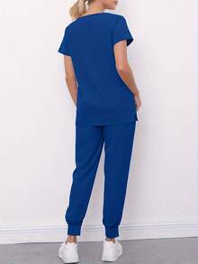 [Free Shipping] Women's Breathable V-Neck Pocket Work Clothes Pants Set 8010 - Blue - View 1