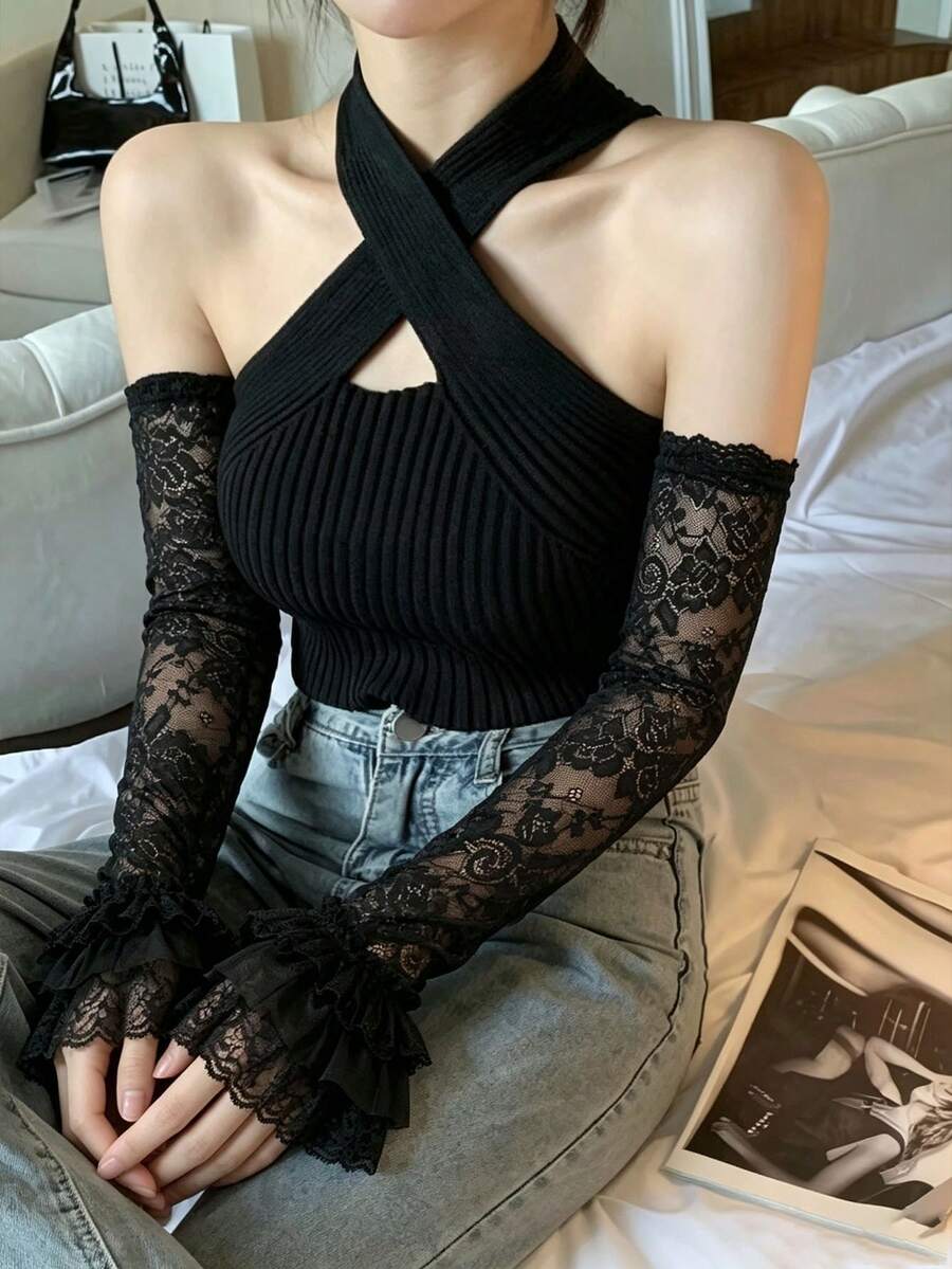 1雙黑色蕾絲手套,長款夏季防曬手套,適合日常配戴 - 黑色 - 查看 1