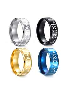 4PCS Retro Punk Viking Rune Stainless Steel Men's Rings, Men's Jewelry Accessories, Commemorative Ornaments For Daily, Party,Business And Banquet Wear - Multicolor - View 9