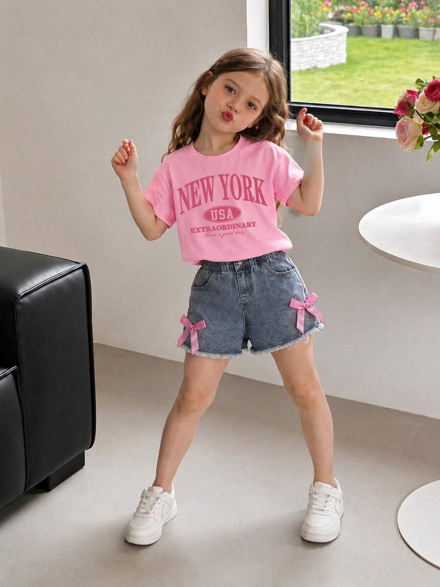 Young Girl Letter Print Short Sleeve Top And Denim Shorts Set - Pink - View 1