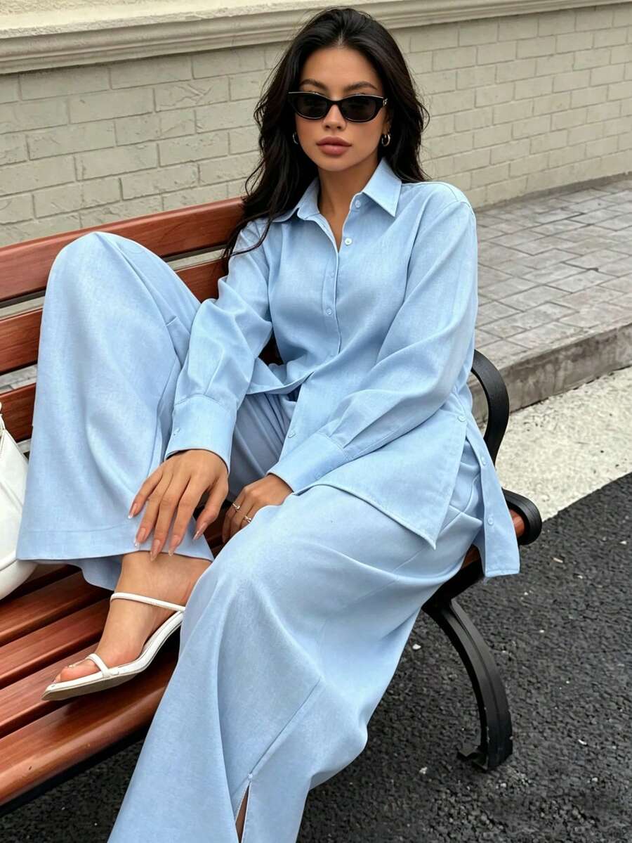 DEEKA 女款春夏/秋冬百搭修身純色優雅襯衫與寬鬆百褶長褲兩件套 - 藍色 - 查看 1