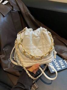 時尚愛心絎縫抽繩水桶包，金屬鍊條手柄，純色百搭單肩斜挎包，適合日常通勤 - 白色 - 查看 2