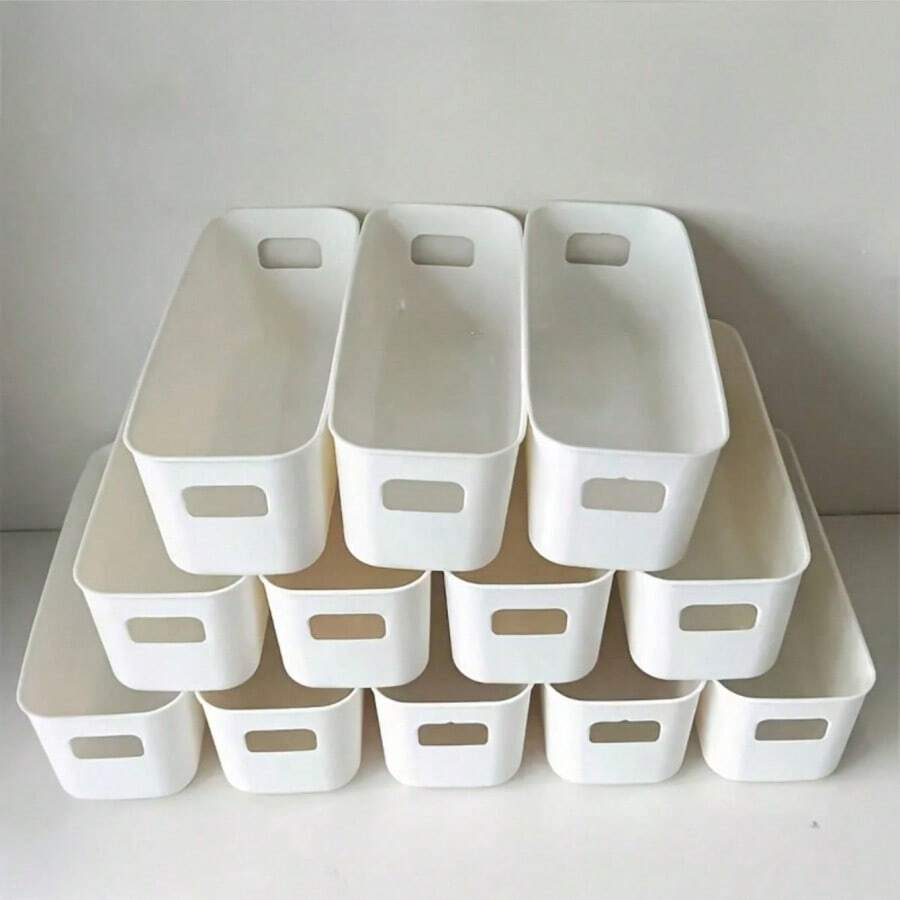 10pcs Stackable Plastic Storage Boxes With Handles, Suitable For Office, Home, Closet, 5pcs/2pcs Multi-Functional Storage Baskets, Durable Containers, Suitable For Socks, Underwear, Stationery, Cosmetics, Space-Saving Drawer-Style Storage Boxes - White - View 1
