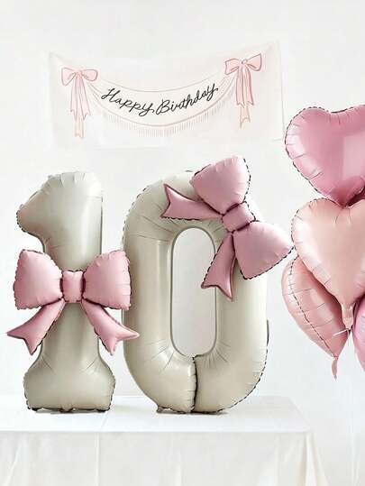 2pcs 40 Inch Large Cream White 0-9 Number Foil Balloons With Pink Bows, Suitable For Birthday Party Decoration, Room Decoration, Party Decoration, Wedding Decoration, Family Gathering, Engagement, Wedding, Anniversary, Graduation, Autumn Decoration