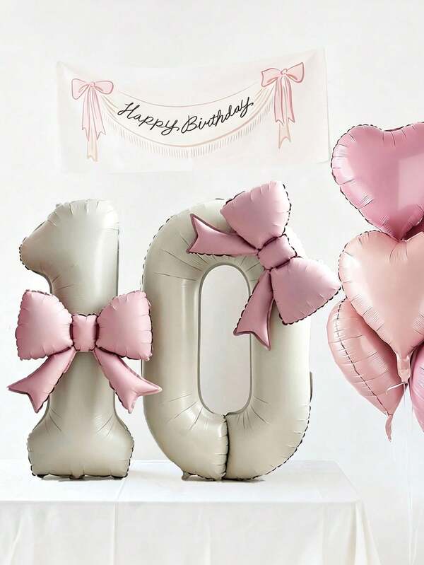 2pcs 40 Inch Large Cream White 0-9 Number Foil Balloons With Pink Bows, Suitable For Birthday Party Decoration, Room Decoration, Party Decoration, Wedding Decoration, Family Gathering, Engagement, Wedding, Anniversary, Graduation, Autumn Decoration