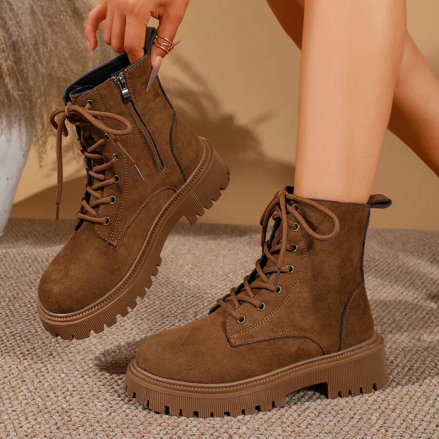 1 Pair Maillard Brown Thick Sole Height-Increasing Ankle Boots British Style Matte Boots Fashion Boots Outdoor - Khaki - View 1
