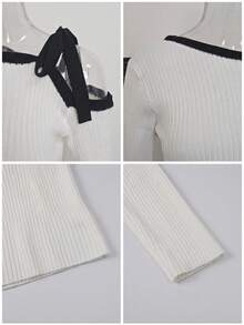 Elegant White Asymmetrical Shoulder Contrast Color Long Sleeve Knit Sweater, Slim Fit Inner Layer Top For Women, Autumn/Winter Sweater, Halloween - White - View 9