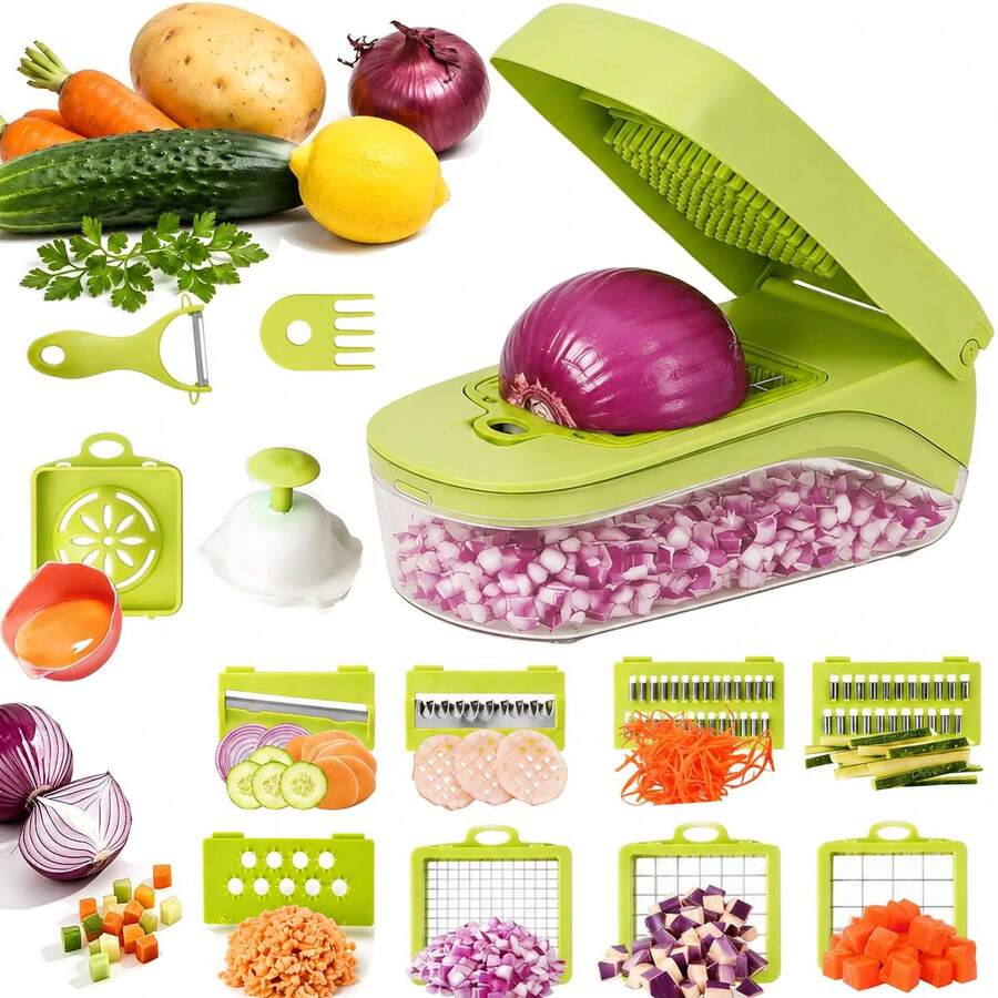 1/7/17pcs Multi-Function 17-In-1 Food Chopper, Vegetable Chopper, Onion Chopper, Vegetable Slicer, Dicer, Vegetable Chopper With 8 Blades, With Drain Basket, Salad Potato Carrot Garlic Container, Chopper With Container