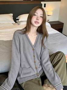 Grey Knitted Cardigan For Women, Mid-Length Loose Fit Versatile Jacket, Spring/Autumn New Arrival - Grey - View 6