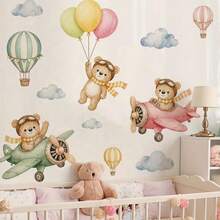 1pc 2D Sky Hot Air Balloon Teddy Bear Wall Sticker Self-Adhesive Removable Decal - Multicolor - View 2
