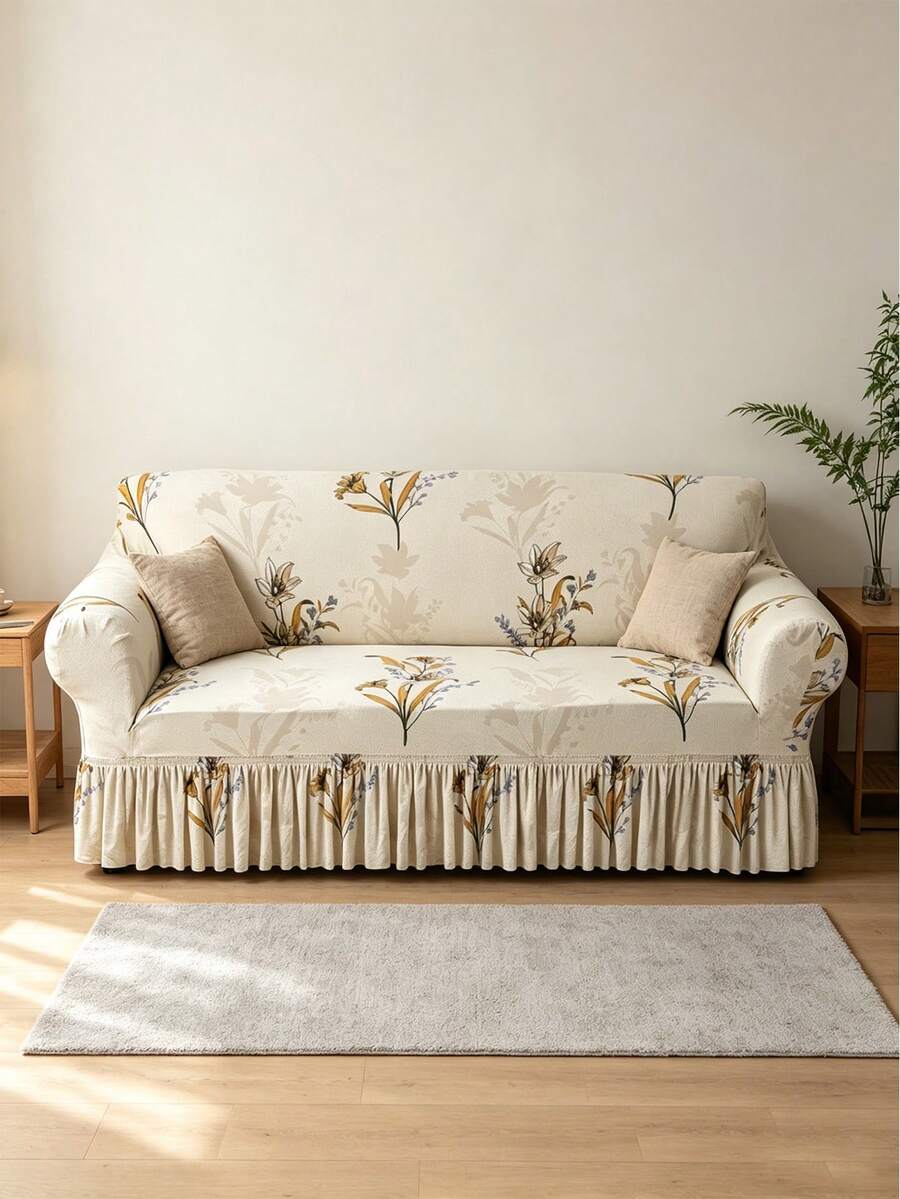 1pc Printed Ruffled Edge Full Coverage Elastic Sofa Cover, Dust-Proof And Dirt-Resistant, Stretchable One-Piece Full Coverage Sofa Protector, Living Room Home Decor, Machine Washable And Hand Washable - milk coffee color - View 1