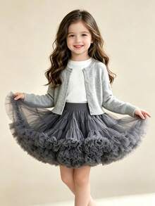 1pc Girls Cute Glamorous Dreamy Sweet Princess Contrast Color Heavy Work Layered Ruffled Tulle Cake Tutu Skirt, Birthday Gift, Christmas, Thanksgiving, New Year Party, Banquet, All Seasons Wear - Dark Grey - View 5