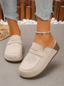 Women's Thick Sole Platform Wedge Mule Slippers, Solid Color Round Toe Casual Slip-On Shoes For Spring And Autumn Daily Wear, Beige Half-Back Slippers - Beige - View 3