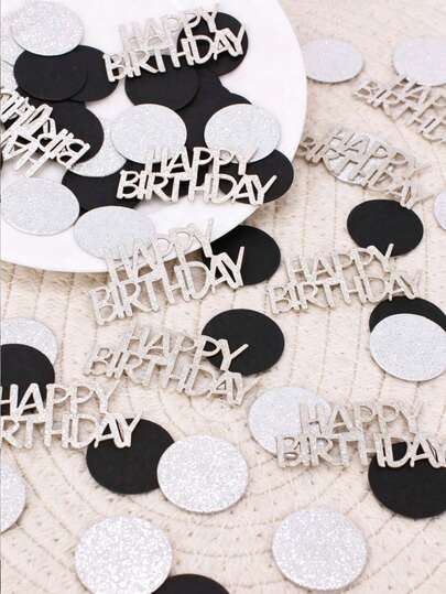 100pcs/Set Black Silver Happy Birthday Sequin Confetti, Glitter Letter And Round Paper Table Scatters, For Men Women Adults Birthday Party Decorations