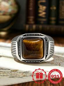S925 Sterling Silver Square Natural Tiger Eye Stone Men's Ring, European And American Vertical Stripe Wide Band Men's Ring With Gift Box - Silver - View 6