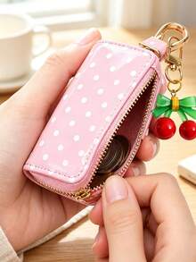 Polka Dot Cherry Print Multi-Function Storage Bag - Can Be Used As Car Key Holder, Coin Purse Or Earphone Case; With Zipper And Keychain, Can Be Attached To Handbag Or Backpack; Unisex Polka Dot Storage Bag. - Multicolor - View 5