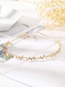 1pc Fashion Elegant Pearl Rhinestone Leaf Alloy Thin Headband Hair Accessory For Women, Suitable For Daily Wear, Party Decoration, Gift For Friends - Gold - View 3