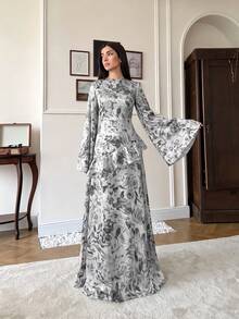 Women's Floral Print Bell Sleeve Satin Long Sleeve Dress - Grey - View 2