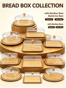 3 Packs Food Serving Platter Set, Natural Bamboo Base Tray With Clear Plastic Dome Lid, Multi‑Shape & Multi‑Size Dust‑Proof Display Stand, Perfect For Cakes, Cookies, Cheese, Fruit And Home Party Food Display - 3-piece Bread Box Set - View 2