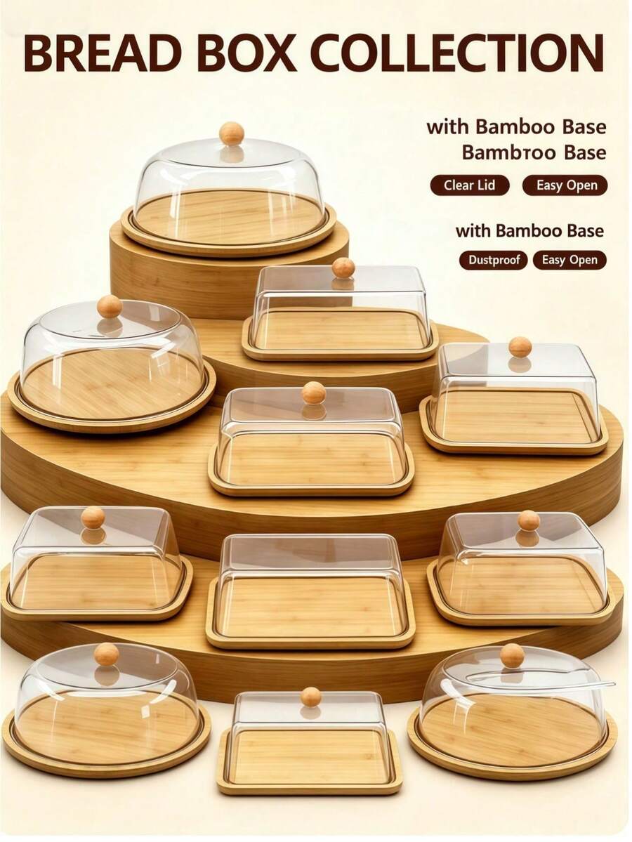 3 Packs Food Serving Platter Set, Natural Bamboo Base Tray With Clear Plastic Dome Lid, Multi‑Shape & Multi‑Size Dust‑Proof Display Stand, Perfect For Cakes, Cookies, Cheese, Fruit And Home Party Food Display