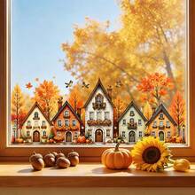 1PC Fall Autumn Village Static Window Stickers, Cute Harvest Houses Maple Leaf Pumpkin Acorn Flying Birds Decal, Static Cling No Glue Easy Removable, For Glass Window, Door, Shop Window, Home Thanksgiving Decor - Multicolor - View 2