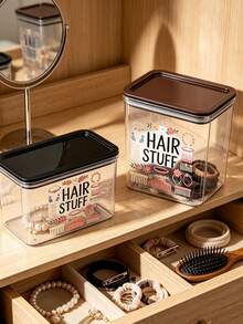 Transparent Sealed Storage Box With Hair Accessory Pattern, Plastic Storage Container, Large Capacity, Dust-Proof And Moisture-Proof, Hair Accessory Storage, Jewelry Storage, Cosmetic Organizer, Makeup Vanity Organizer, Highly Attractive Desktop Decor, Dressing Table Surface Placement, Bedroom Desktop Organization, Home Storage Arrangement. Sealed Design Isolates Dust And Moisture, Transparent And Visible For Quick Item Retrieval, Ample Space - Multicolor - View 2
