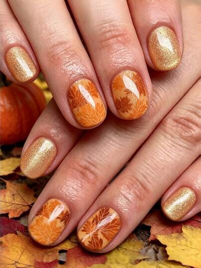 24pcs Short European-Style Fake Nails With Gold Glitter Maple Leaf Shiny Finish For A Look, Full Coverage Detachable Nail Set, Perfect For Ladies' Parties, Prom, And Everyday Wear