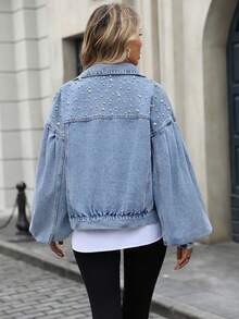 HAPPY GIRL Spring Autumn Winter Versatile Casual Fashion Women's Pearl Decor Washed Denim Jacket For Holiday Vacation Birthday Party Airport Outfit - Blue - View 3