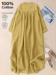 Women's Spring/Autumn V-Neck Open Front Vintage Casual Elegant Minimalist 3/4 Sleeve Loose Dress, Polyester Fabric, Fall Dresses For Women Yellow - Yellow - View 3