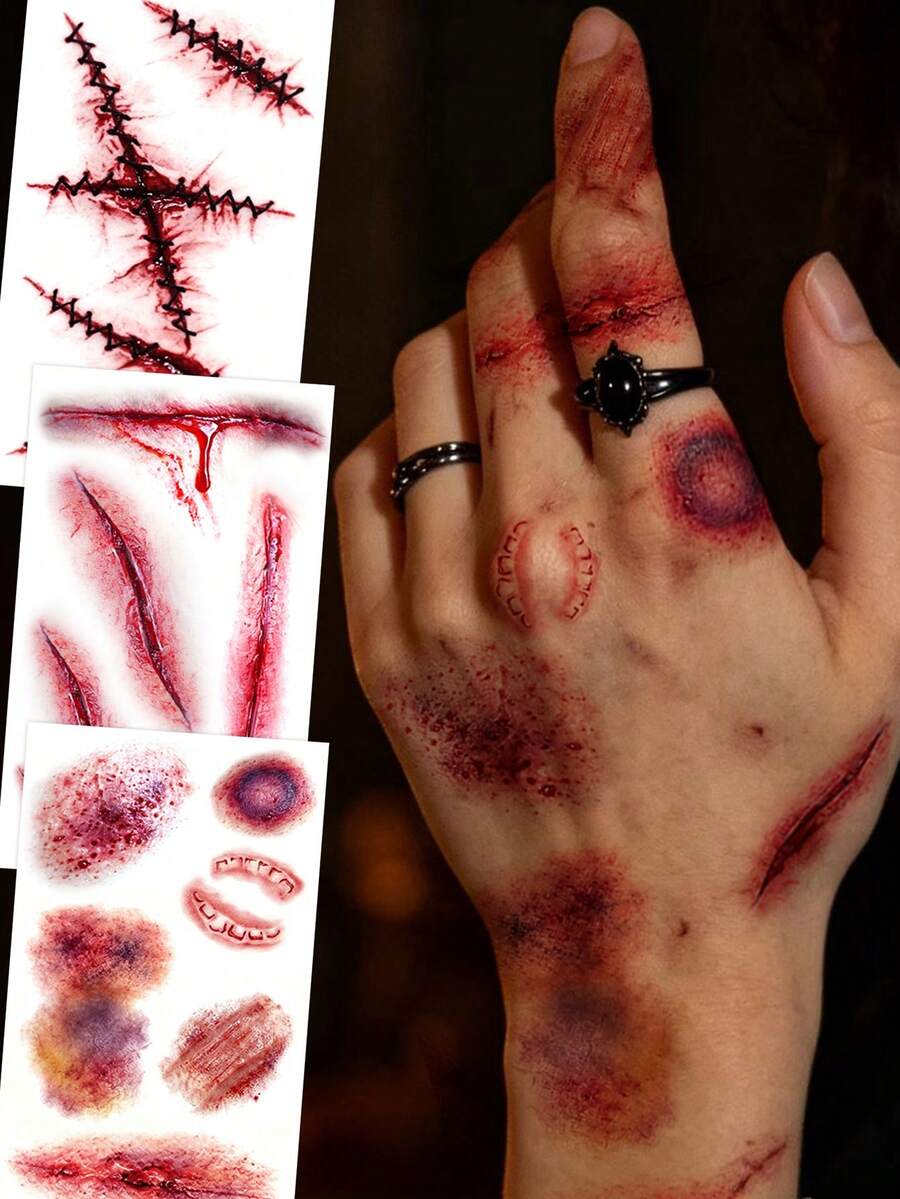 3pcs Red Y2K Boys Girls Halloween Scar Temporary Tattoo Stickers, Waterproof And Sweat-Resistant, Easy To Apply - Red - View 1