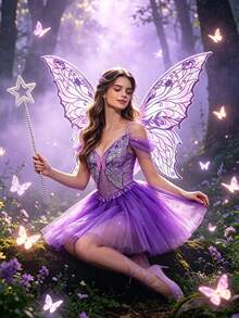 Multi-Color Laser Sequin Butterfly Fairy Wings Set + Fairy Dress + Star Magic Wand Complete Set. Halloween Cosplay / Forest Theme Photography / Birthday Party Props - Multicolor - View 2
