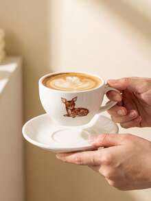 230ml Cute Deer Ceramic Coffee Cup With Saucer, White Porcelain Tea Cup, Gift For Coffee And Tea Lovers, Home Kitchen Drinkware - White - View 3