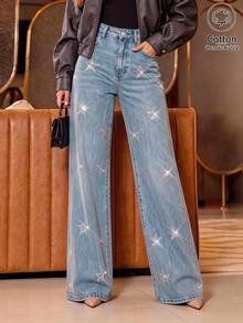 Women's European And American Style Light Blue Star Rhinestone Embellished High Waist Washed Distressed Slimming Long Jeans - Light Wash - View 1