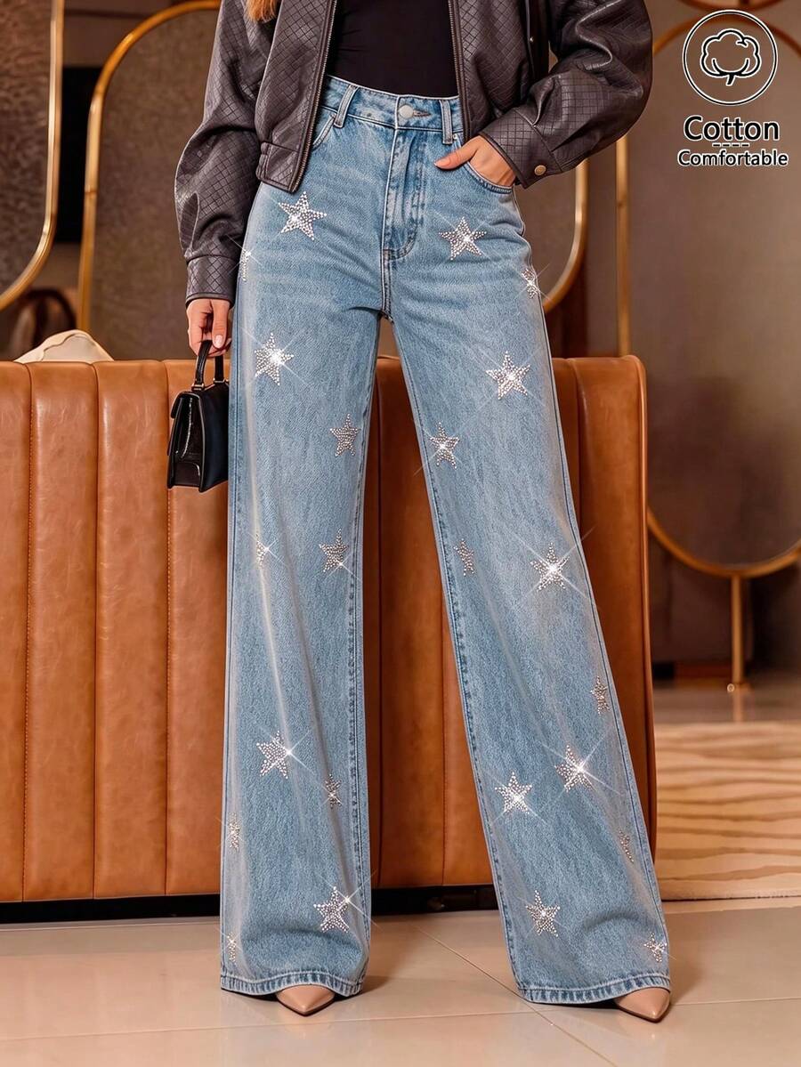 Women's European And American Style Light Blue Star Rhinestone Embellished High Waist Washed Distressed Slimming Long Jeans - Light Wash - View 1