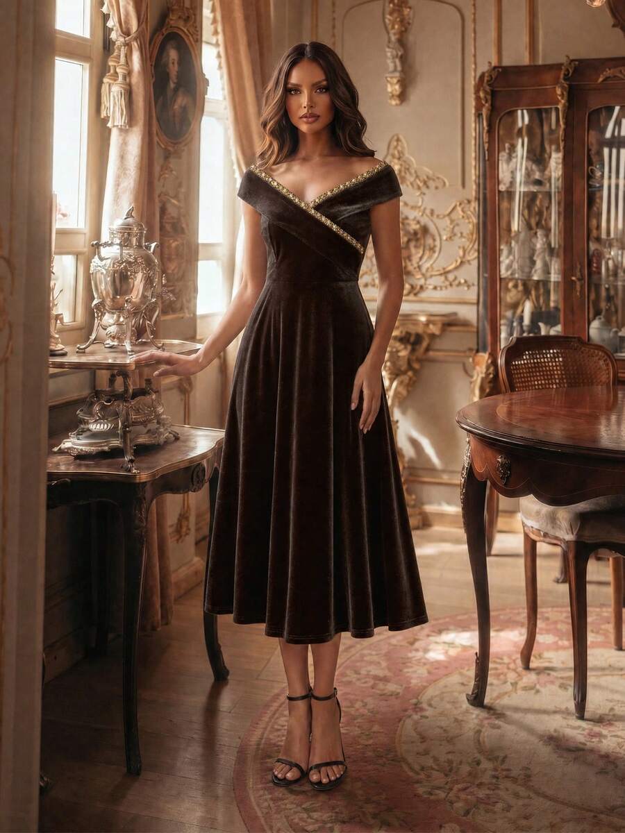 EVERPRETTY Autumn Elegant Luxury Rhinestone V-Neck Velvet Brown Formal Evening Gown Suitable For Evening Party, Gathering, Dinner - Brown - View 1
