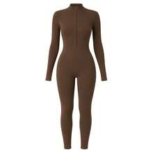 FlowZen Women's Spring/Summer New Half-Zip Stand Collar Long Sleeve Athletic Jumpsuit, Slim Fit Tummy Control Butt Lifting Tight Fitness Jumpsuit, Elastic Shaping Yoga Jumpsuit, Minimalist Sexy Premium Style, Suitable For Daily, Casual, Fitness, Running, Vacation, Date, Street, Outdoor Sports, Back To School, Performance, Music Festival, Thanksgiving, Valentine's Day, New Year, Party - Coffee Brown - View 6