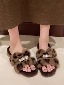Women's Leopard Print Flat Metal Buckle Open Toe Fuzzy Slippers, New Autumn/Winter Outdoor Wear, Low Heel Plush Slippers, Beach Fine Fur Home Slippers - Leopard Print - View 2