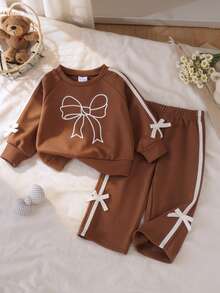 2pcs Baby Girls Casual Comfortable Large Bow Print Crew Neck Long Sleeve Sweatshirt And Side Stripe Straight Leg Pants Set, Spring/Autumn - Brown - View 1