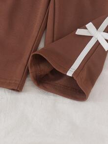 2pcs Baby Girls Casual Comfortable Large Bow Print Crew Neck Long Sleeve Sweatshirt And Side Stripe Straight Leg Pants Set, Spring/Autumn - Brown - View 7
