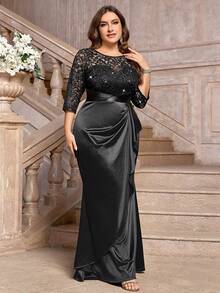 Plus Size Sequin Floral Lace Patchwork Ruffle Satin Long Evening Dress, Suitable For Wedding Guest, Formal Party, Gala, Celebration Elegant - Black - View 5